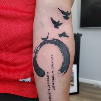 Soul Imagez Tattoo - Enso sign; coordinates, doves flying out - Tattoo Near Me - Dublin, California Soul Imagez Tattoo - Enso sign; coordinates, doves flying out - Tattoo Near Me - Dublin, California