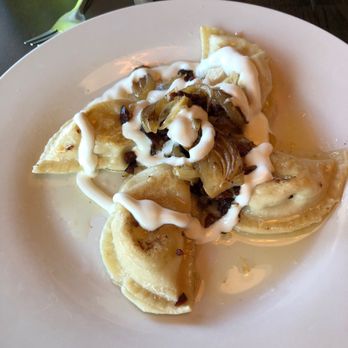 Wilson Creek Cafe - Potato and cheese pierogis with sour cream onions and bacon - Breakfast & Brunch Near Me - Powers, Michigan