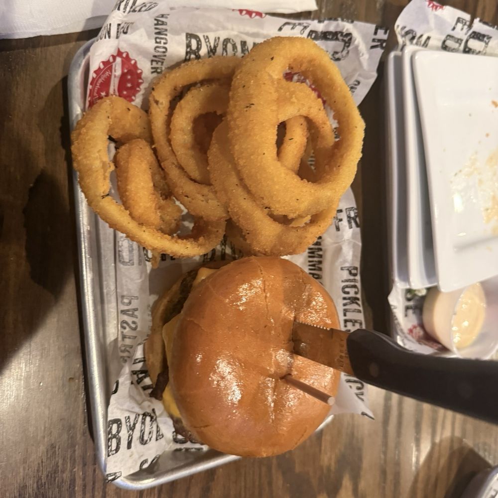 All American Burger with onion rings