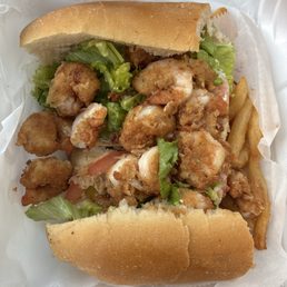 Shrimp poboy and fries! Shrimp poboy and fries!