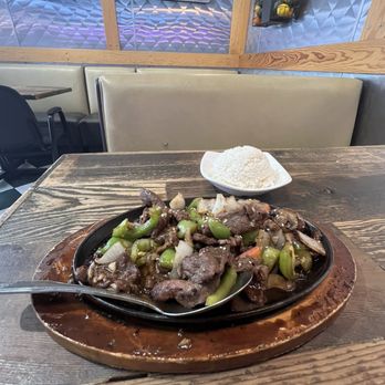 Thai Towne Eatery - Sizzling beef with a side of rice - Thai Near Me - Orange, California Thai Towne Eatery - Sizzling beef with a side of rice - Thai Near Me - Orange, California