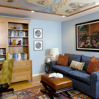 Inner Visions Interiors - Do you work at home, but still need a guest room? This Belmont Home office/guest room does double duty.  Notice the ceiling map? - Interior Design Near Me
