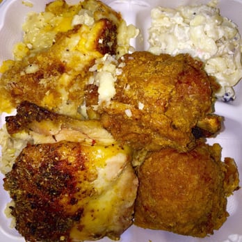 Max & Lucy's - Large fried chicken plate with one roasted, mac&cheese, mac&potato salad, and brown rice!! - New American Near Me - Honolulu, Hawaii