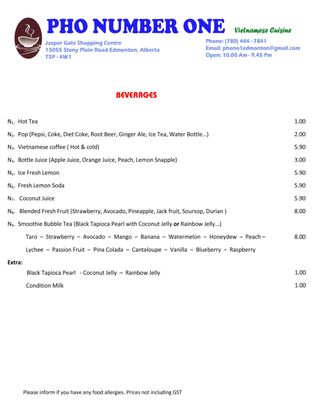Menu photo 1 Pho Number 1 Edmonton, AB