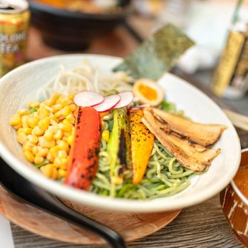 Ramen Seas - Hiyashi Ramen $13 "cold spinach noodles, miso dressing, corn, bean sprouts, red bell pepper, eggplant, half egg, red radish, chashu pork" - Ramen Near Me - Sunnyvale, California Ramen Seas - Hiyashi Ramen $13 "cold spinach noodles, miso dressing, corn, bean sprouts, red bell pepper, eggplant, half egg, red radish, chashu pork" - Ramen Near Me - Sunnyvale, California