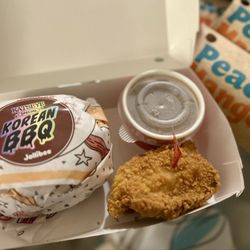 Jollibee - KatsEye Korean BBQ chicken sandwich, spicy chicken, gravy, peach mango pies