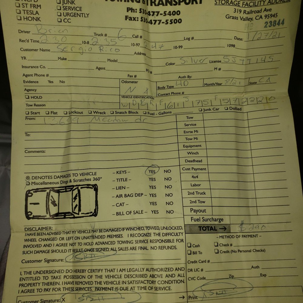 Advanced Towing & Transportation - Invoice of advanced tow robbing my ass blind $290.00 for 5 min!! He pulled me 20 feet with a cable! I hope U get ur Karma DirtBags! - Towing Near Me - Grass Valley, California