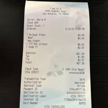 Time to 8 - Food receipt. - Ramen Near Me - San Antonio, Texas