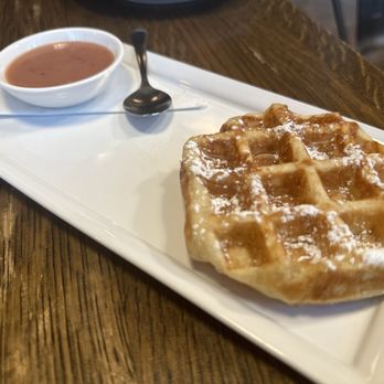 Medina Cafe - Liege Style Waffle with raspberry caramel sauce - Breakfast & Brunch Near Me - Vancouver, British Columbia