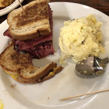 Solvang Restaurant - Pastrami sandwich with grain mustard and a side of potato salad - Scandinavian Near Me - Solvang, California Solvang Restaurant - Pastrami sandwich with grain mustard and a side of potato salad - Scandinavian Near Me - Solvang, California