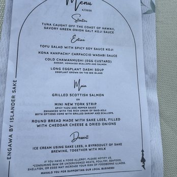 Engawa by Islander Sake Brewery - April 2025 Omakase menu. Though we were given a choice for the main dish. - Japanese Near Me - Waimea, Hawaii Engawa by Islander Sake Brewery - April 2025 Omakase menu. Though we were given a choice for the main dish. - Japanese Near Me - Waimea, Hawaii