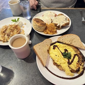 The Plate - Seen here is the Challah French Toast, the Chicken Fried Steak and Eggs and the Pulled Pork Hash and eggs. - Breakfast & Brunch Near Me - Milford, Connecticut The Plate - Seen here is the Challah French Toast, the Chicken Fried Steak and Eggs and the Pulled Pork Hash and eggs. - Breakfast & Brunch Near Me - Milford, Connecticut