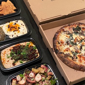 Martha Dear - Octopus salad, lamb hummus, dip duo (feta + sweet potato), and mushroom, spinach and Halloumi pizza - Bars Near Me - Washington, DC, District of Columbia Martha Dear - Octopus salad, lamb hummus, dip duo (feta + sweet potato), and mushroom, spinach and Halloumi pizza - Bars Near Me - Washington, DC, District of Columbia