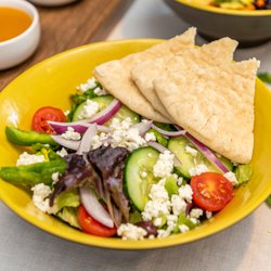 Caffe Caffe - North Hullen - Greek Salad with pita bread and the best house made Greek dressing!