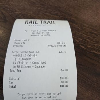 Rail Trail Flatbread - Check - Bars Near Me - Milford, Massachusetts
