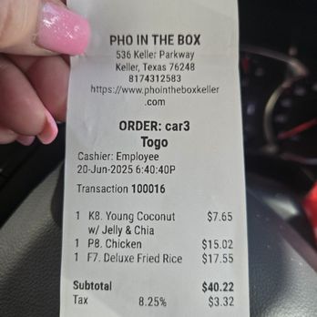 Pho in the Box - Young coconut drink, chicken pho, and deluxe fried rice. Easily enough for 5 people. - Vietnamese Near Me - Keller, Texas Pho in the Box - Young coconut drink, chicken pho, and deluxe fried rice. Easily enough for 5 people. - Vietnamese Near Me - Keller, Texas