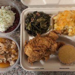 Superior Soul Food - Signature plate with red beans & rice and peach cobbler.