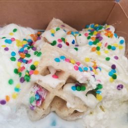 Birthday cake on gluten free waffle. Birthday cake on gluten free waffle.