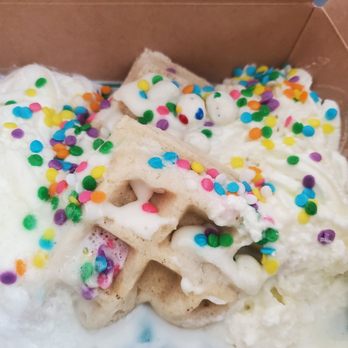 Cardboard Corner Cafe - Birthday cake on gluten free waffle. - Waffles Near Me - Overland Park, Kansas Cardboard Corner Cafe - Birthday cake on gluten free waffle. - Waffles Near Me - Overland Park, Kansas