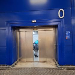 IKEA - Here's one of the massive elevators at level 0, which has been "hit with the ugly stick"