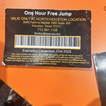 Big Air Houston - Back of the one hour free jump pass - Trampoline Parks Near Me - Houston, Texas Big Air Houston - Back of the one hour free jump pass - Trampoline Parks Near Me - Houston, Texas