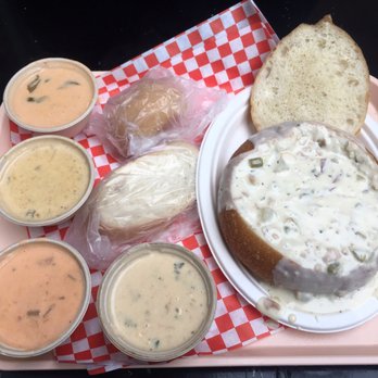 Pike Place Chowder - Chowder sampler on the left, chowder and bread bowl on the right - Seafood Near Me - Seattle, Washington Pike Place Chowder - Chowder sampler on the left, chowder and bread bowl on the right - Seafood Near Me - Seattle, Washington