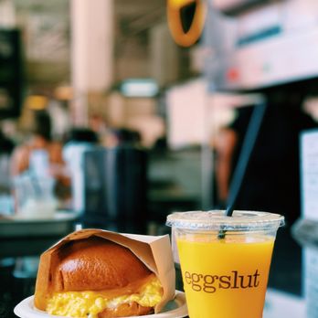 Eggslut - Fairfax Sandwich and Fresh Squeezed Orange Juice. - Breakfast & Brunch Near Me - Los Angeles, California Eggslut - Fairfax Sandwich and Fresh Squeezed Orange Juice. - Breakfast & Brunch Near Me - Los Angeles, California