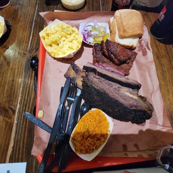 Terry Black's Barbecue - Mexican rice, beef rib, brisket, pork rib, bread, mac and cheese - Barbeque Near Me - Austin, Texas