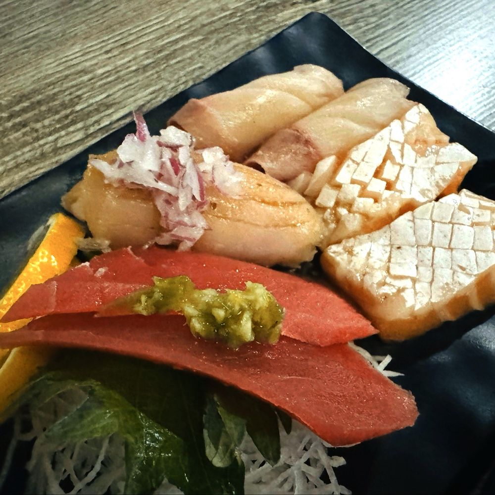 Sanyo Sushi - Sashimi Combo. Comes with a bento box, miso soup, rice, salad and choice of beef, chicken or salmon. - Sushi Bars Near Me - Glendora, California Sanyo Sushi - Sashimi Combo. Comes with a bento box, miso soup, rice, salad and choice of beef, chicken or salmon. - Sushi Bars Near Me - Glendora, California