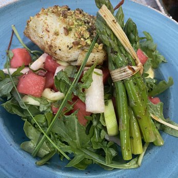 Desert Bistro - Pistachio crusted Sea Bass on jicama and watermelon arugula with asparagus (delicious!!!) - New American Near Me - Moab, Utah