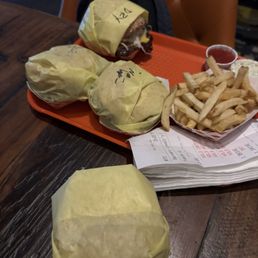 4 burgers and fries 4 burgers and fries