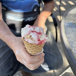Miranda's Ice Cream Shoppe - Strawberry cheesecake on waffle cone