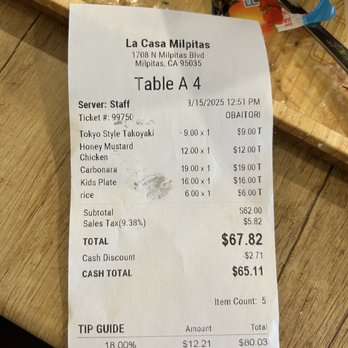 La Casa Mia - Receipt, total cost - Italian Near Me - Milpitas, California La Casa Mia - Receipt, total cost - Italian Near Me - Milpitas, California