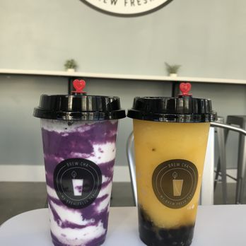 Brew Cha - 10.21.19 ube taro latte (basically tasted like milk with purple chunks) + mango slush with boba (way too sweet) this place is trash... - Bubble Tea Near Me - San Francisco, California