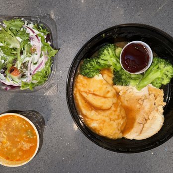 Tom's Restaurant delivered superb Roast Turkey with Cranberry Sauce entree with side salad and day's soup - Chicken with Rice and Vegetable