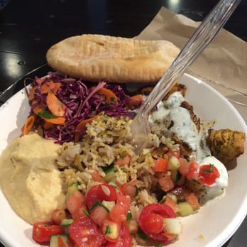 Roti - Rice plate with chicken kabob, cucumber/tomato, cabbage, pita and... - Mediterranean Near Me - Chicago, Illinois