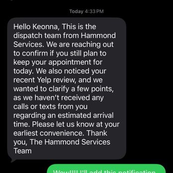 Hammond Services - After leaving a review I received an unpleasant and unprofessional direct message from company. - Electricians Near Me - Griffin, Georgia Hammond Services - After leaving a review I received an unpleasant and unprofessional direct message from company. - Electricians Near Me - Griffin, Georgia