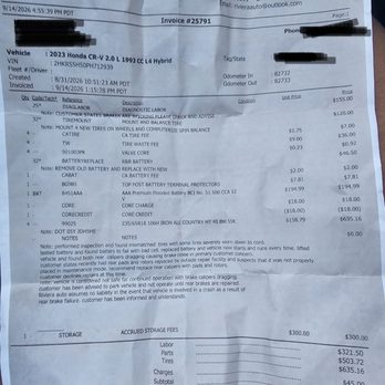 Riviera Auto - The invoice. Total is for 4 tires, a battery, and diagnosing the brakes. - Smog Check Stations Near Me - Kelseyville, California Riviera Auto - The invoice. Total is for 4 tires, a battery, and diagnosing the brakes. - Smog Check Stations Near Me - Kelseyville, California