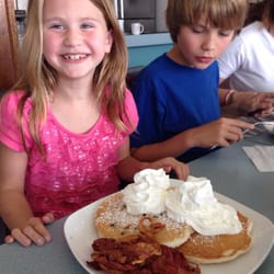 Chocolate chip pancakes with whip cream!! JJ's happy!!