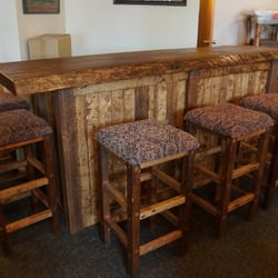 TimberCreek Furniture - Rustic barn wood bar with slab top. We customize these any shape and any size!