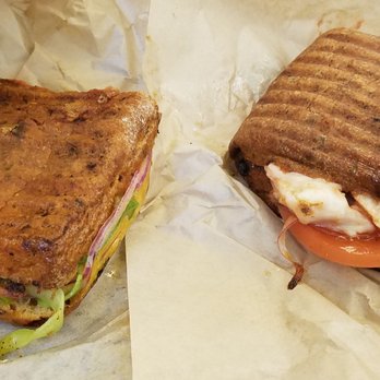Fresh Healthy Cafe Buffalo - half spicy chicken panini (left) & half BBQ chicken panini (right) - Juice Bars & Smoothies Near Me - Buffalo, New York