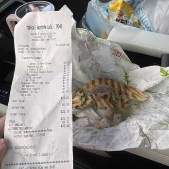 Tropical Smoothie Cafe - Receipt of food with RAW BACON CHICKEN BACON RANCH - Juice Bars & Smoothies Near Me - Little Elm, Texas Tropical Smoothie Cafe - Receipt of food with RAW BACON CHICKEN BACON RANCH - Juice Bars & Smoothies Near Me - Little Elm, Texas