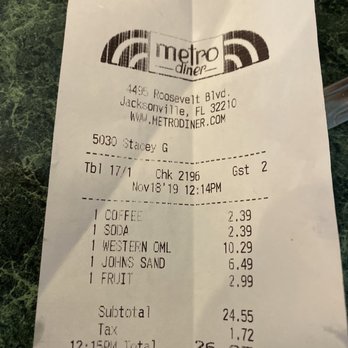Metro Diner - The bill - Breakfast & Brunch Near Me - Jacksonville, Florida
