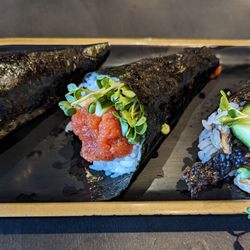 Etcetera Sushi & Thai Bites - L  R...California roll,  spicy tuna roll, and salmon skin roll.