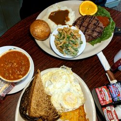 Big Chief Cafe - Bison steak dinner, bison chilli, country fried steak and eggs breakfast.