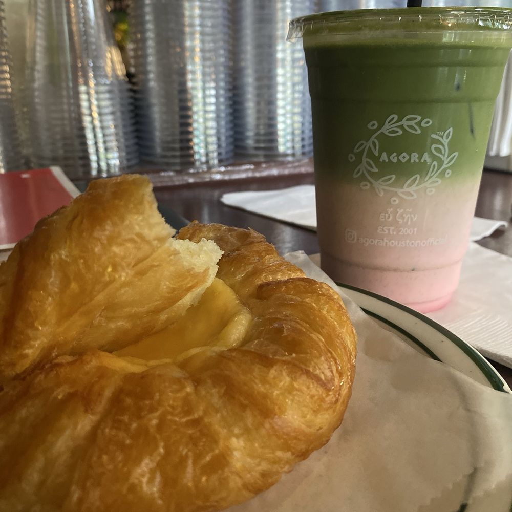 Agora - Cream Cheese Danish, Strawberry Matcha To-go, Inside bar area street side. - Coffee & Tea Near Me - Houston, Texas