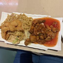 Lunch special (chow mein, sweet-and-sour pork, prawns
