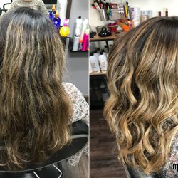 JT Hair Salon - Previous all over stripy traditional foil highlights(not my work), to a beautiful beige blonde balayage colormelt.
