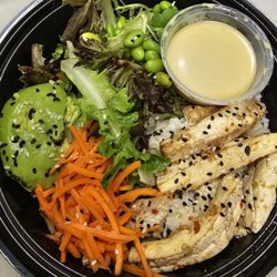 Tea Bar & Fusion Cafe - Fusion Bowl: Ginger tofu, edamame, greens, carrot, seasoned white rice, and wasabi dressing (vegan)