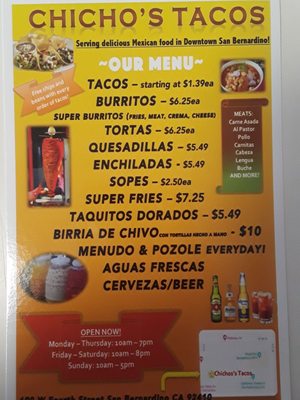 Menu photo 1 Chicho's Tacos San Bernardino, CA Menu photo 1 Chicho's Tacos San Bernardino, CA